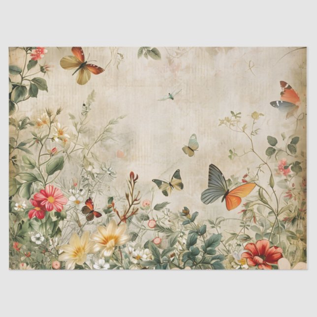 Papel de tejidos de mariposa y flores de época (Anverso)