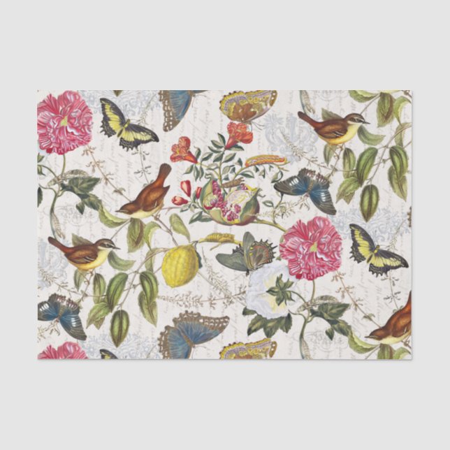Papel de tejidos de mariposas y aves botánicas vin (Anverso)