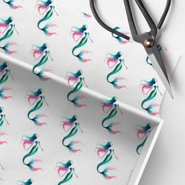 Papel de tejidos del patrón de fusión (Mermaid tissue paper in pattern watercolor shades of pink, blue and green)