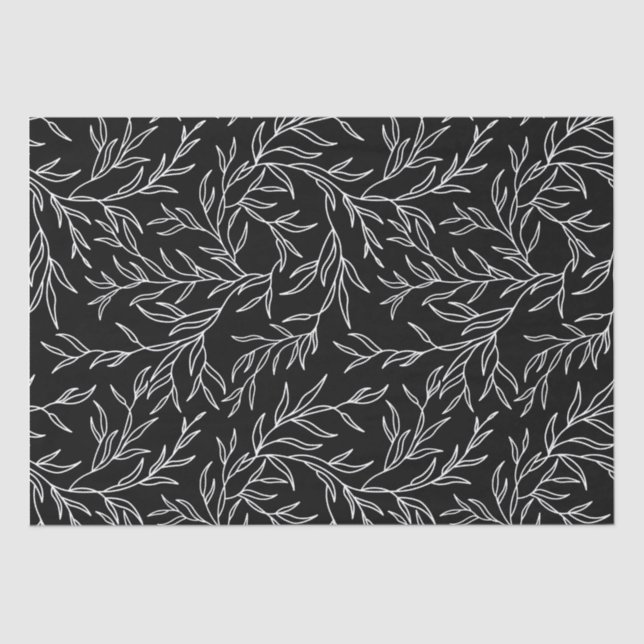 Papel de tejidos en blanco y negro con hojas elega (Anverso)