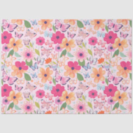 Papel de tejidos, mariposas y flores rosa suave