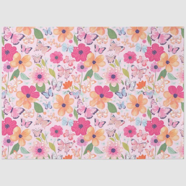 Papel de tejidos, mariposas y flores rosa suave (Anverso)