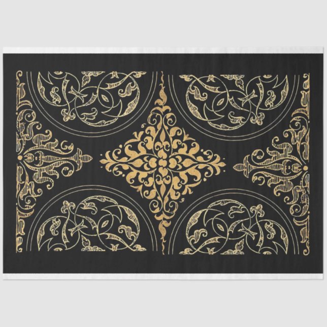 Papel de tejidos ornamentales clásico negro y oro (Anverso)