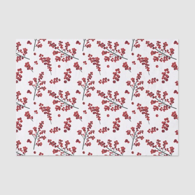 Papel de tejidos rojo Holly Berries ilustrado (Anverso)