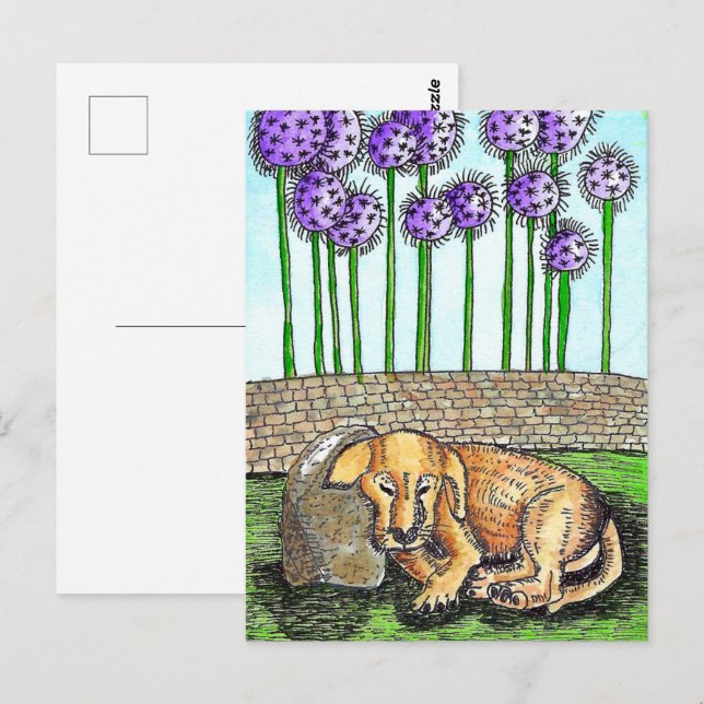 Papel dormido con flores moradas postal (Anverso / Reverso)