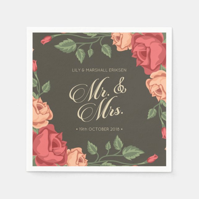 Papel Elegante Boda Floral Sr y Sra | Servilleta de Pape (Anverso)