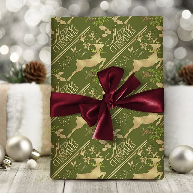 Papel envolvimiento navideño elegante reno (elegant green and gold Christmas wrapping paper with personalized name or text)