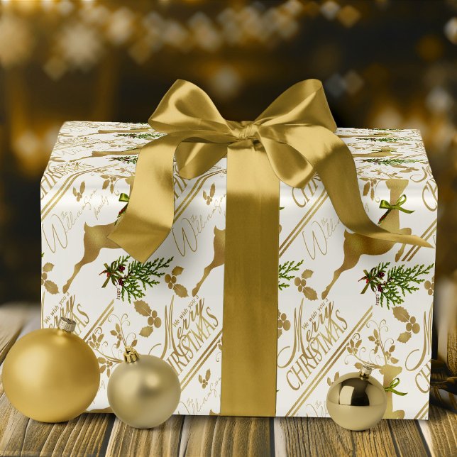 Papel envolvimiento navideño elegante reno (elegant white and gold holiday reindeer with personalized name Christmas Wrapping Paper)