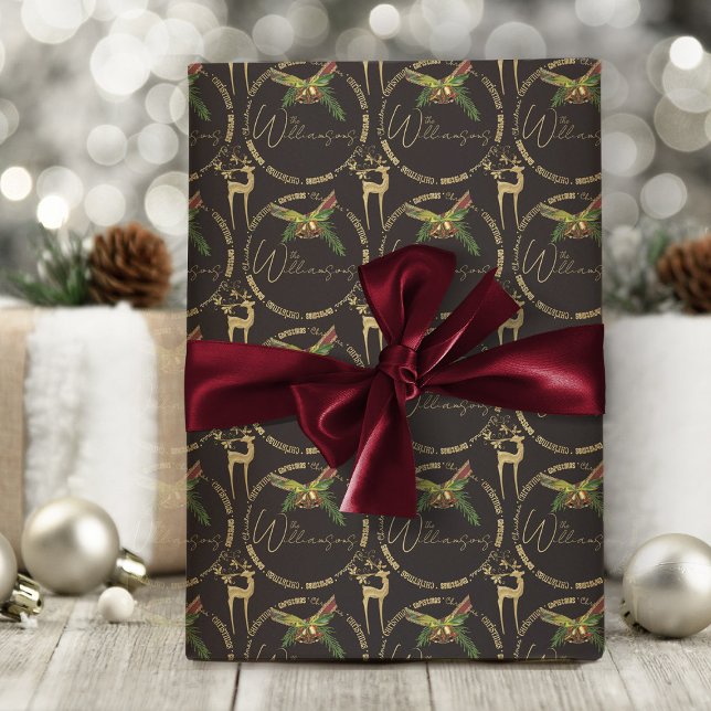 Papel envolvimiento navideño elegante reno (elegant black and gold Christmas wrapping paper with personalized name or text)