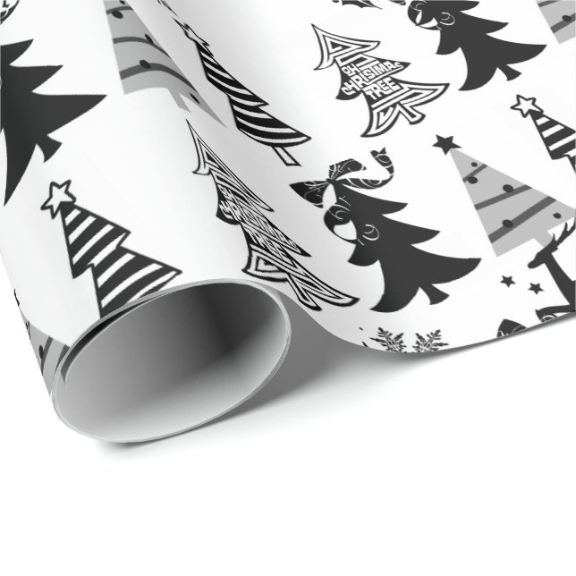 Papel envuelto de árboles de Navidad Gris blanco n (Esquina del rollo)