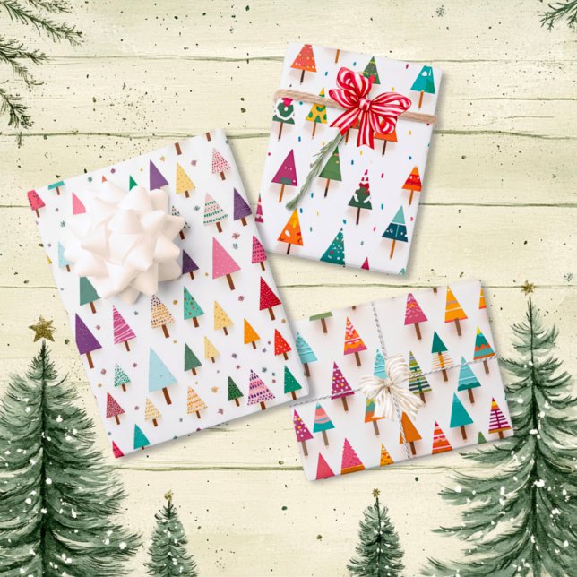 Papel envuelto de árboles de Navidad retro y lindo (Cute Retro Christmas Trees Wrapping Paper Set of 3 sheets)