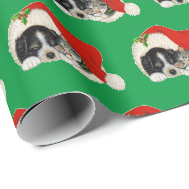 Papel envuelto de cachorros y Navidades gatitos (Esquina del rollo)
