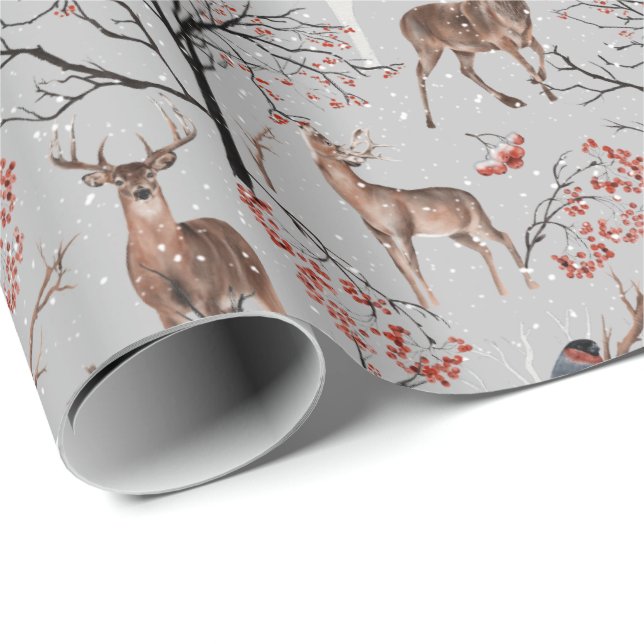 Papel envuelto de ciervos de invierno y aves (Esquina del rollo)