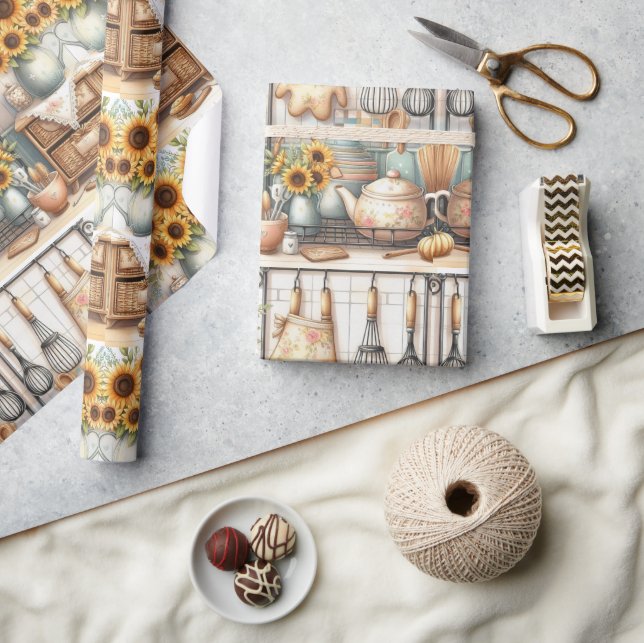 Papel envuelto de cocina retro y de girasol (Artesanía)