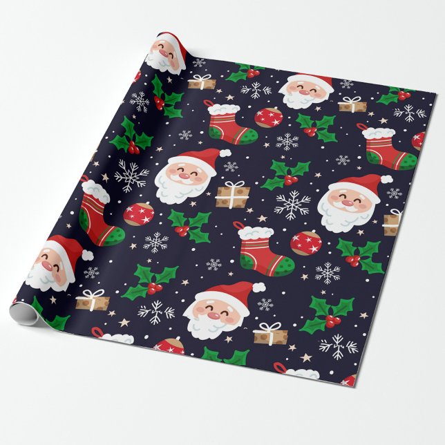 Papel envuelto de copos de nieve para navidades (A festive wrapping paper featuring cheerful Santa faces, stocking, and holiday motifs.  )
