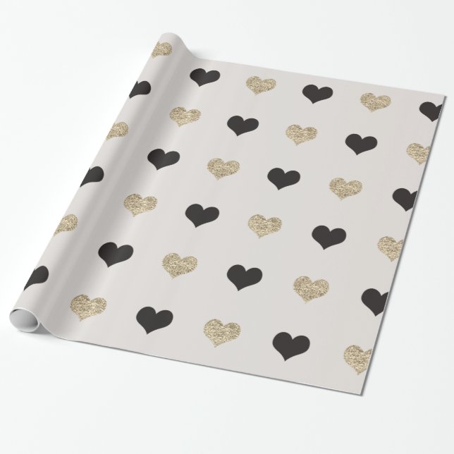Papel envuelto de corazón negro y Purpurina de oro (Desenrollado)
