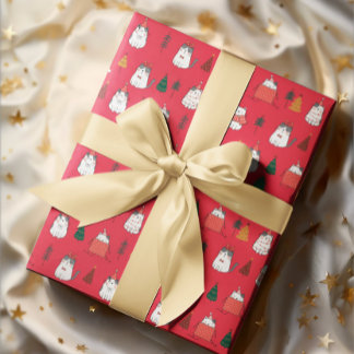 Papel envuelto de gatos y árboles de Navidad rojos