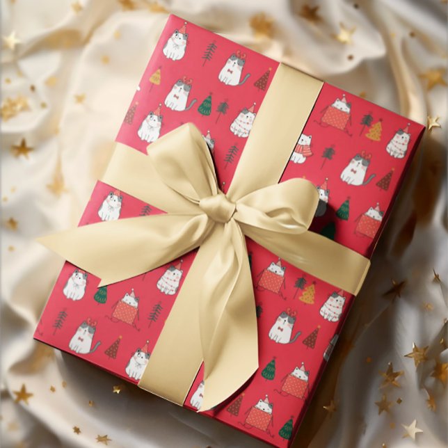 Papel envuelto de gatos y árboles de Navidad rojos (Subido por el creador)