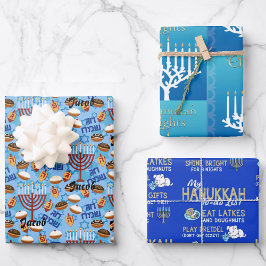 Papel envuelto de Hanukkah en nombre de niño azul