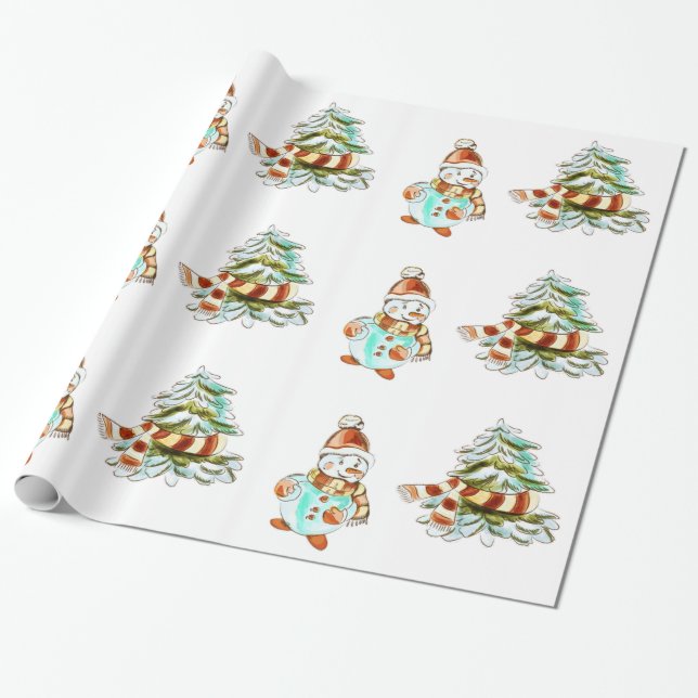 Papel envuelto de muñeco de nieve y árbol de Navid (Desenrollado)