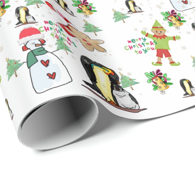Papel envuelto de pingüino para Navidades de nieve (Esquina del rollo)