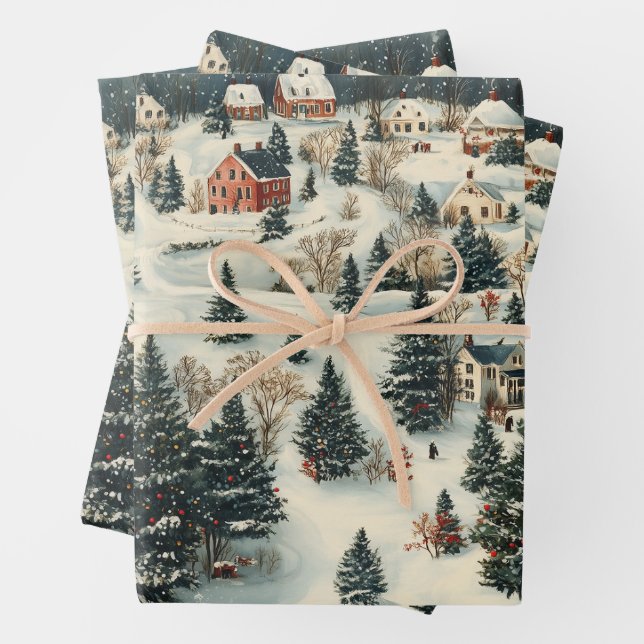 Papel envuelto de pueblo navideño vintage (In situ)