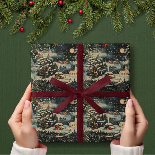 Papel envuelto de pueblo navideño vintage