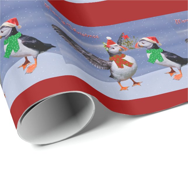 Papel envuelto de puffins festivos - Navidades (Esquina del rollo)