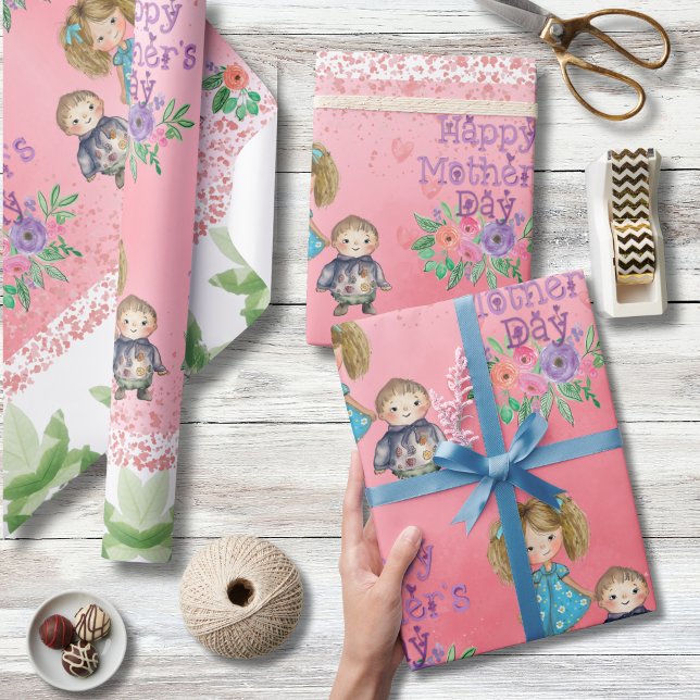 Papel envuelto en los niños florales del Día de la (Pretty Mother's Day Floral Kids Wrapping Paper)