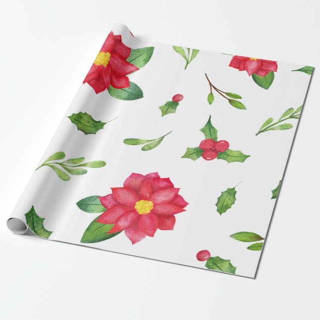 Papel envuelto para Navidades de Poinsettia y Holl (Desenrollado)
