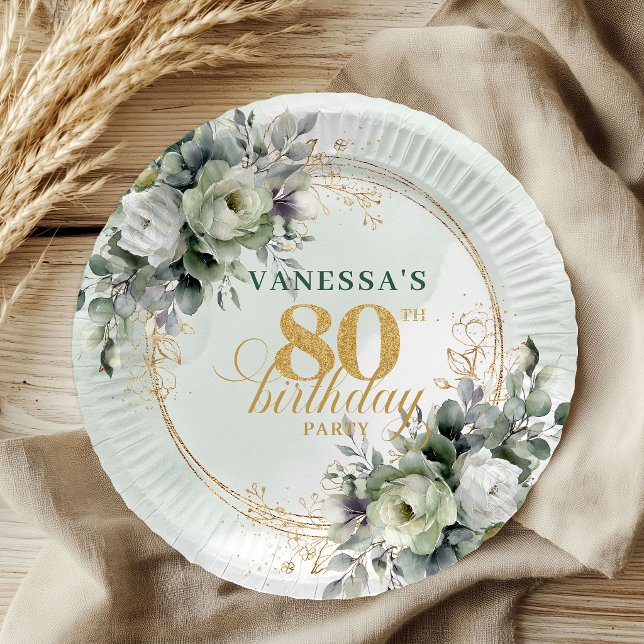 Papel Feliz cumpleaños 80 Botánico Plato de Eucalipto (Happy 80th Birthday Botanical Eucalyptus Plate)