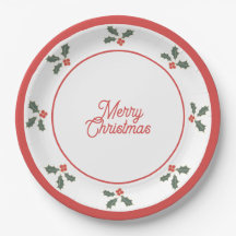 Feliz Navidad Plato de Acebo Rojo y Blanco