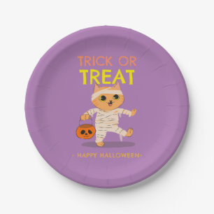 Papel Feliz plato de fiesta de Halloween, morado con gat