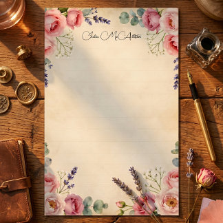 Papel Floral Rosa Clásico con Línea de Acuarela