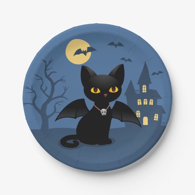 Papel Gato negro vampiro de Halloween con alas de plato  (Anverso)