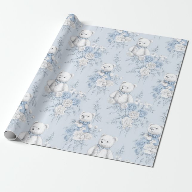 Papel higiénico francés con estampado floral y oso (Desenrollado)