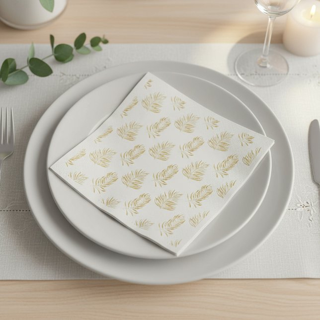 Papel Hoja de Palma Dorada, Servilleta de Bodas blanca m (Gold Palm Leaf, minimalist white Wedding Napkin.)