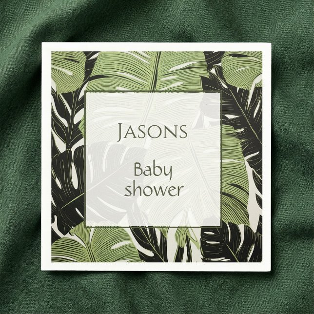 Papel Hojas tropicales de bebé ducha nombre servilleta (Tropical leaves baby shower name napkin.)