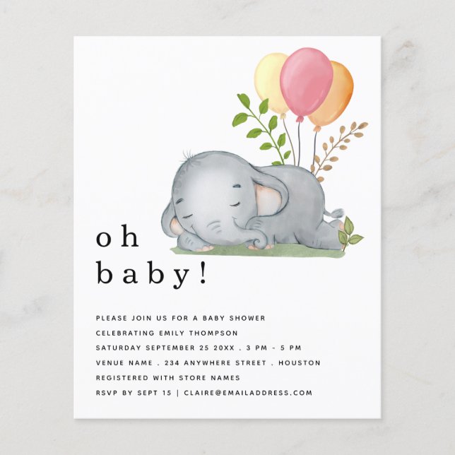 PAPEL | Invitación a Baby Shower del elefante Chic (Frente)