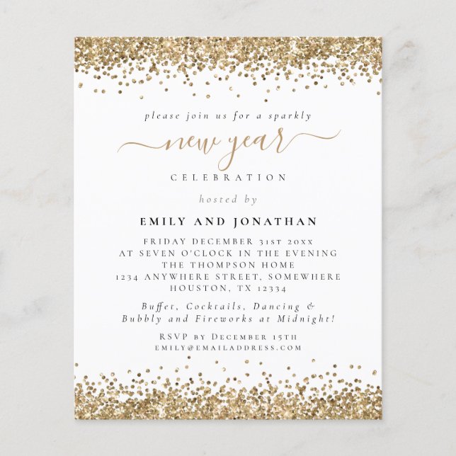 PAPEL | Invitación de Año Nuevo de Glam Gold Purpu (Frente)