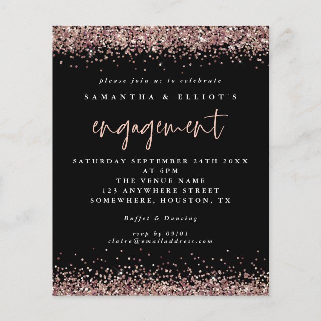 PAPEL | Invitación negra de Rosa de Purpurina de o (Frente)