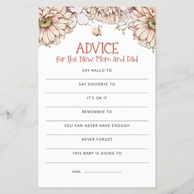 PAPEL | Juego de Baby Shower Bumblebee Advice Mom  (Frente)