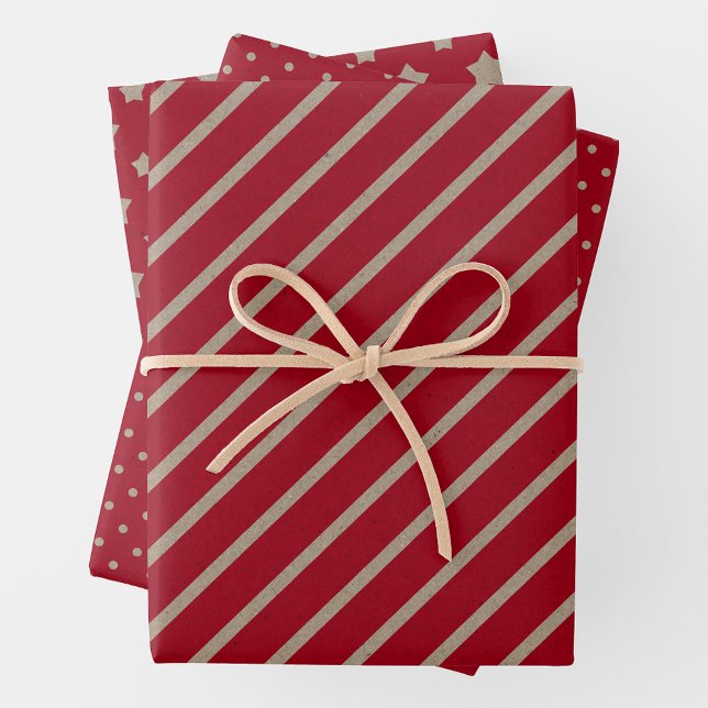 Papel Kraft Falso con Estrellas, Rayas y Lunares (Faux Red Kraft Paper w/ Brown Stars, Stripes & Polka Dots)