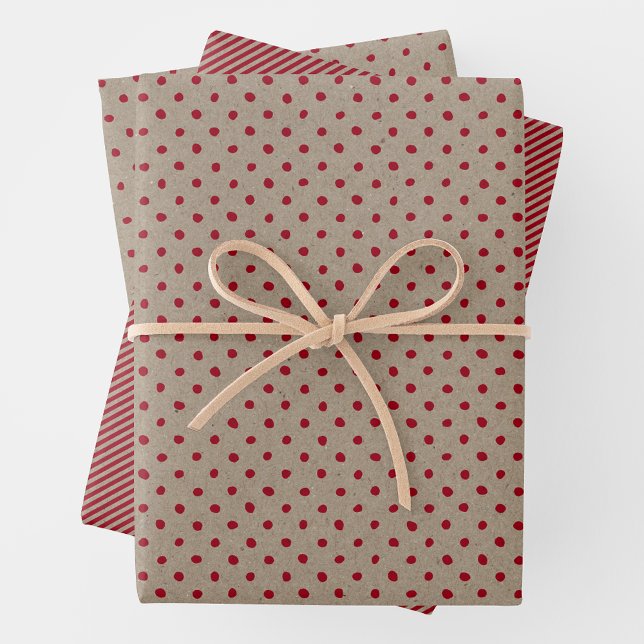 Papel Kraft Marrón y Rojo Falso con Múltiples Patr (Faux Brown & Red Kraft Paper w/ Stripes & Irregular Polka Dots)