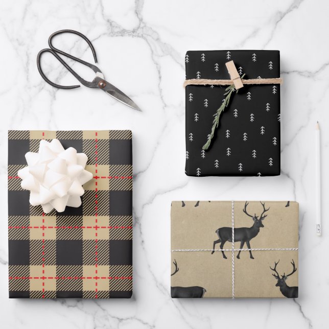 Papel Kraft Rústico | Ciervo de Plaid de Navidad (Anverso)
