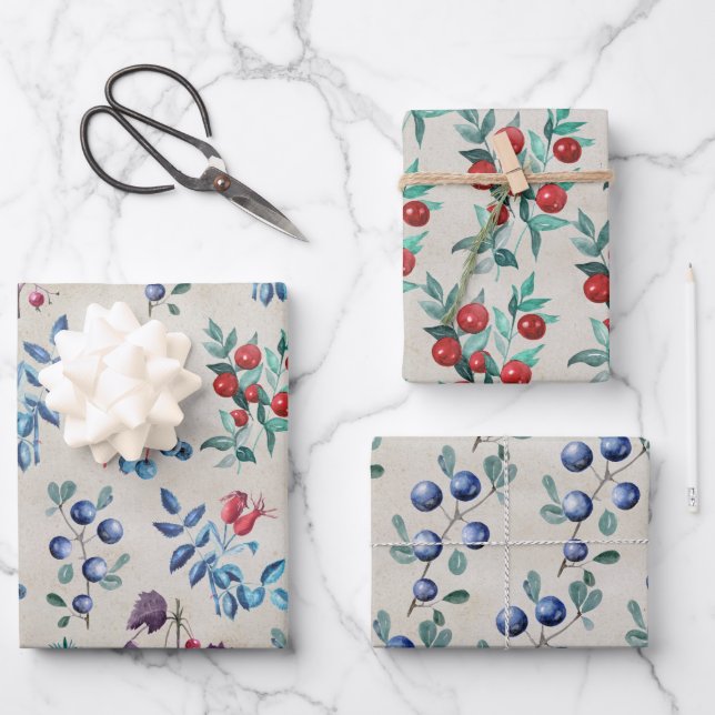 Papel Kraft Watercolor Festiva Berries en invierno (Anverso)