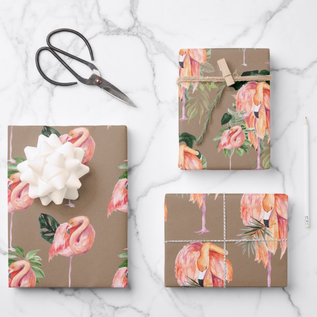 Papel Kraft Watercolor Flamingos rosas mamá y bebé (Anverso)