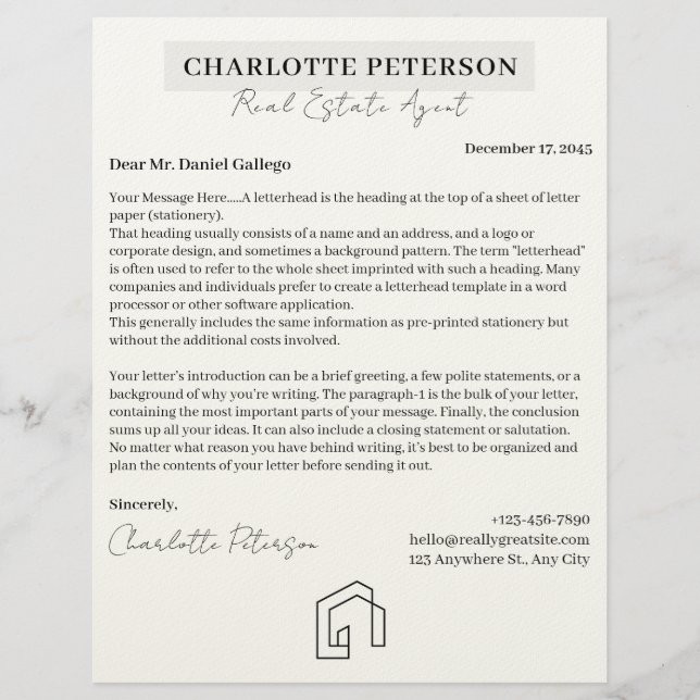 Papel Letterhead de Bienes Raíces Personalizado en (Anverso)