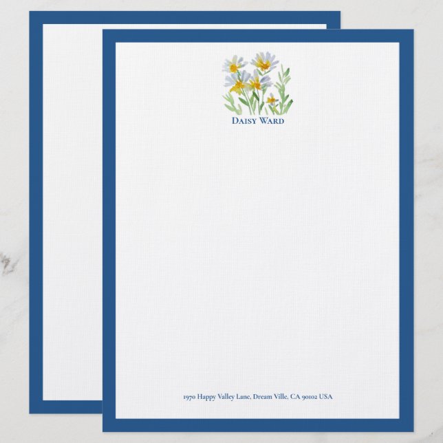 Papel letterhead floral de acuarela pintado a mano (Anverso / Reverso)