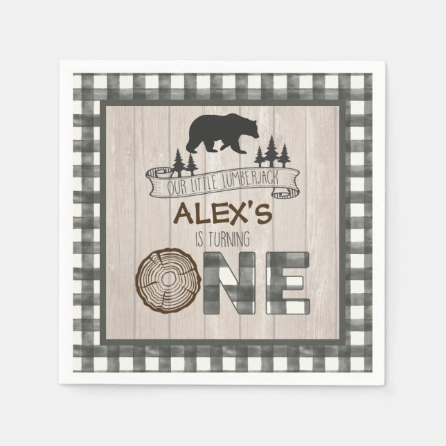 Papel Lumberjack Primera servilleta de cumpleaños - Bear (Anverso)